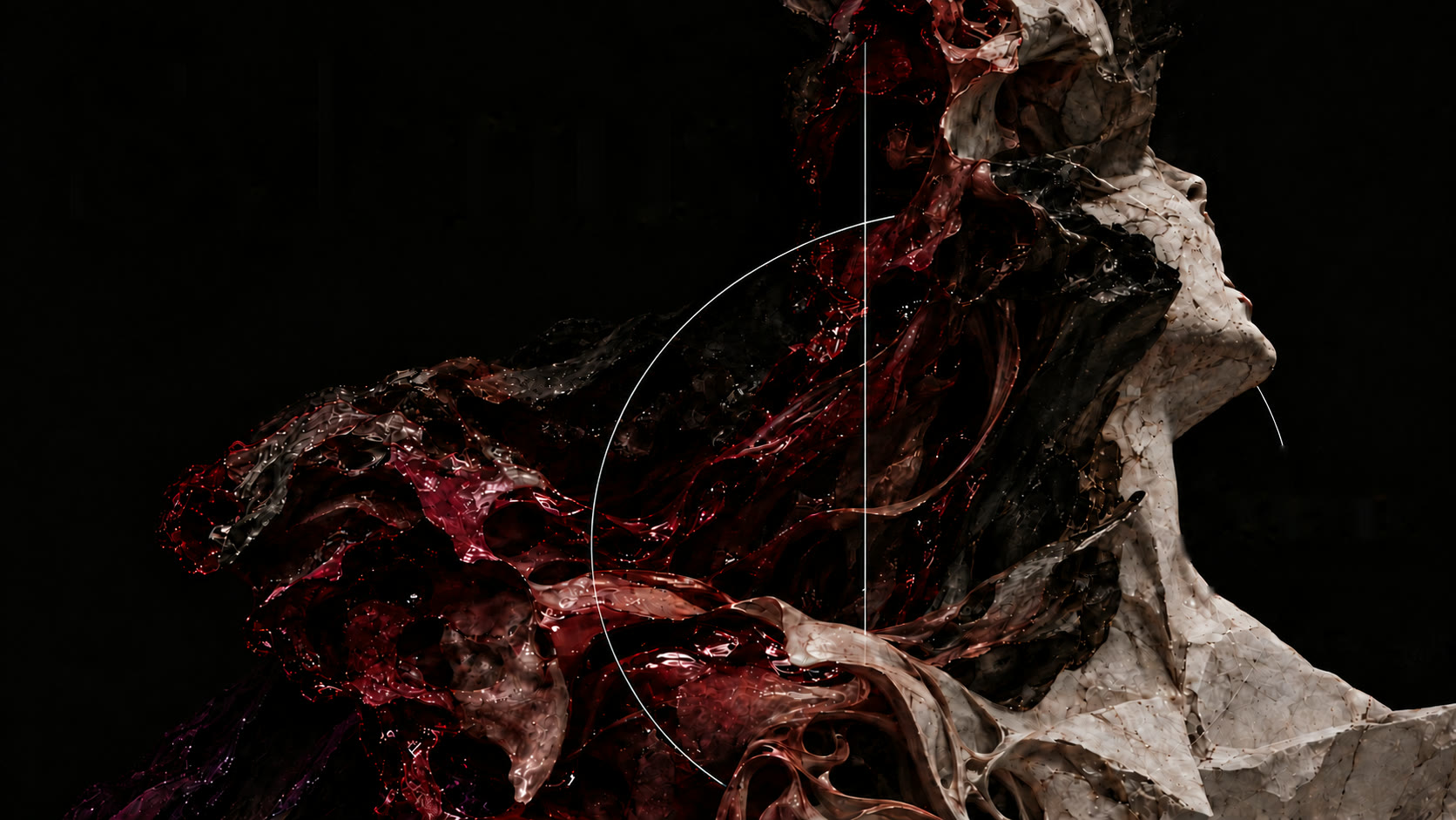 A marble head turned upward, its surface dissolving into a dark wine-red organic flow on black, crossed by a thin drawn circle and a vertical line.